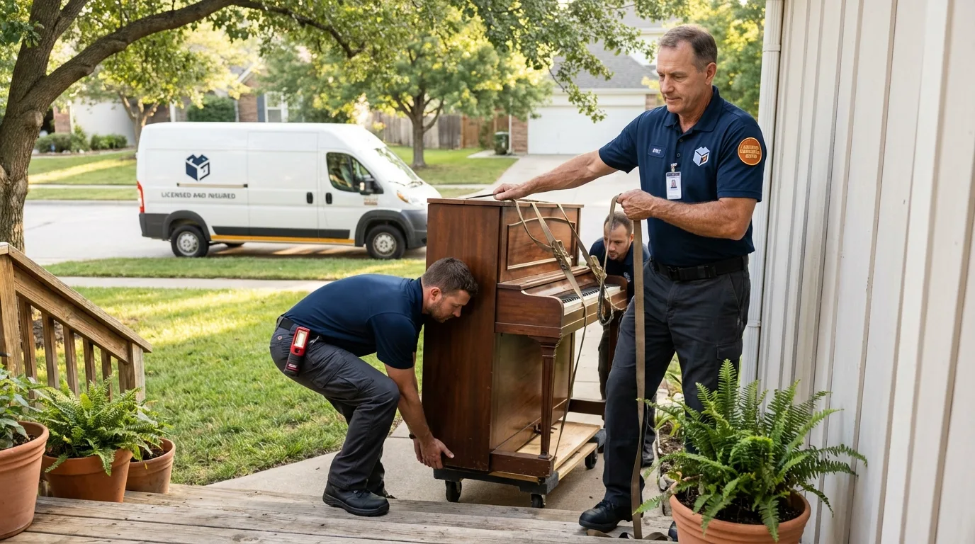 Licensed piano movers securing grand piano in Inverness, CA