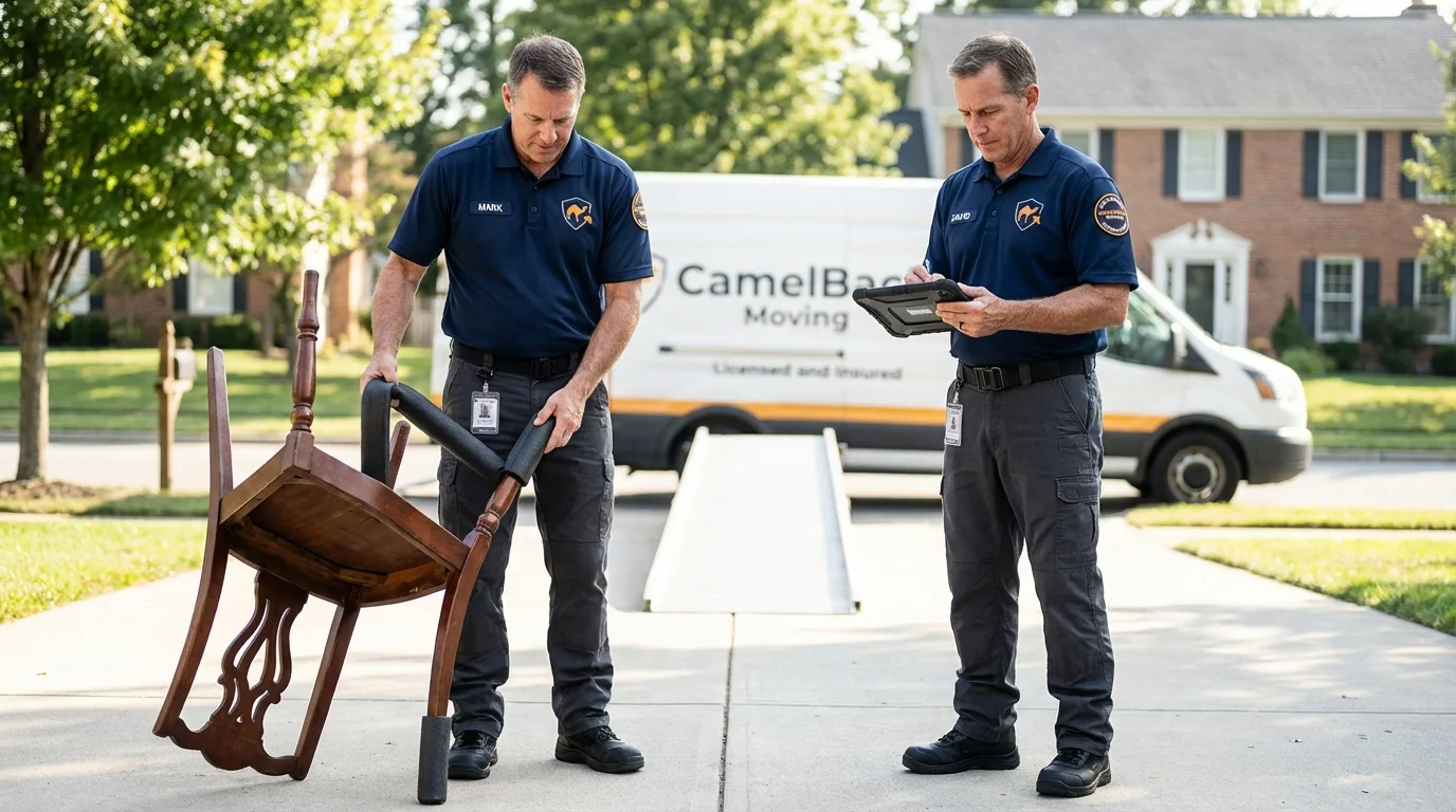 Movers inspecting furniture for damage prevention before loading in Inverness, CA