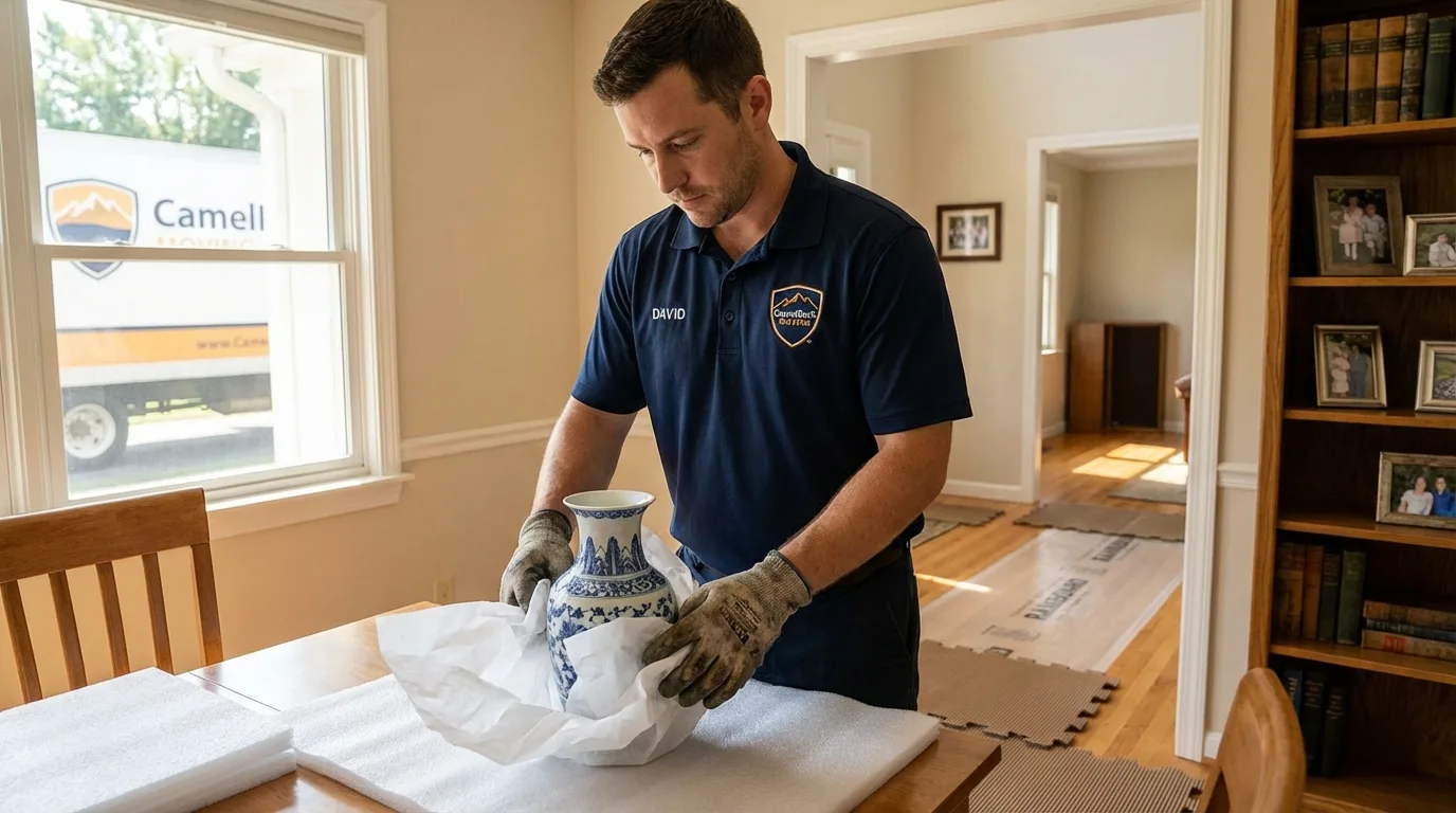 Professional crew carefully wrapping antique vase for senior downsizing move in Inverness, CA