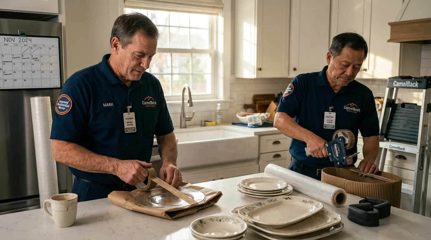 Professional crew packing kitchen dishware in Inverness, CA